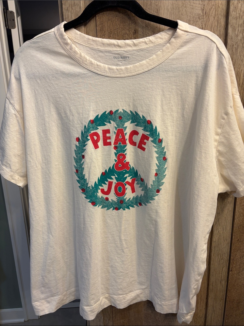 Old Navy 2X Cream Tee Peace & Joy Graphic Match the Fam Holiday Christmas